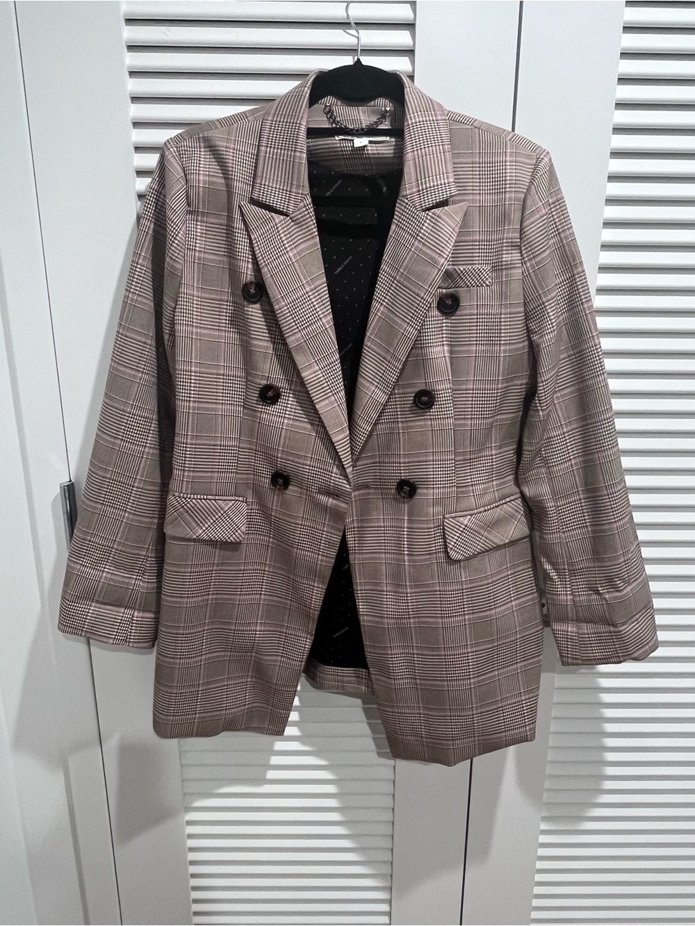 Glen Plaid Double-Breasted Blazer in Taupe